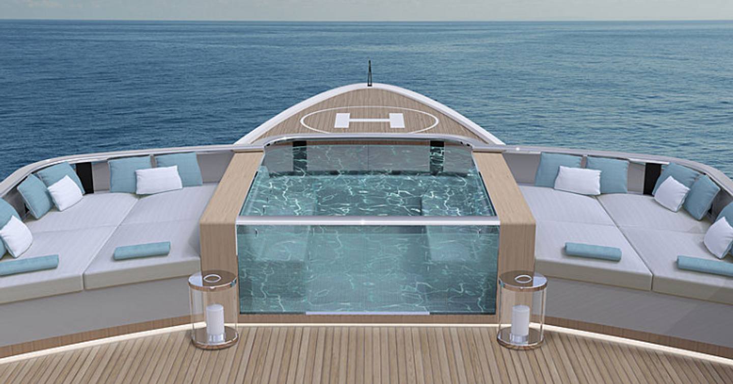 forward section of the sundeck with spa pool and sunpads looking over helipad on the foredeck on board a Continental yacht model