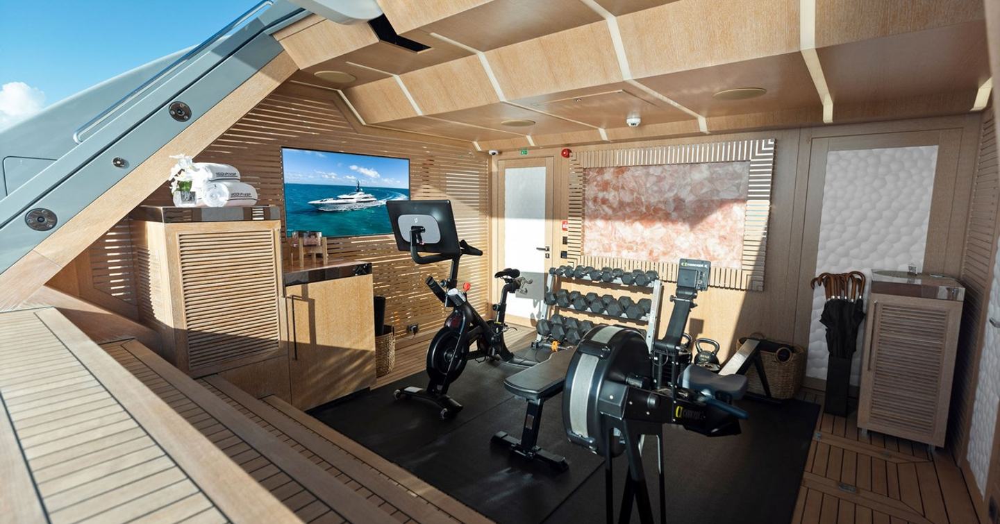 Superyacht Moonraker's beach club with waterside gym