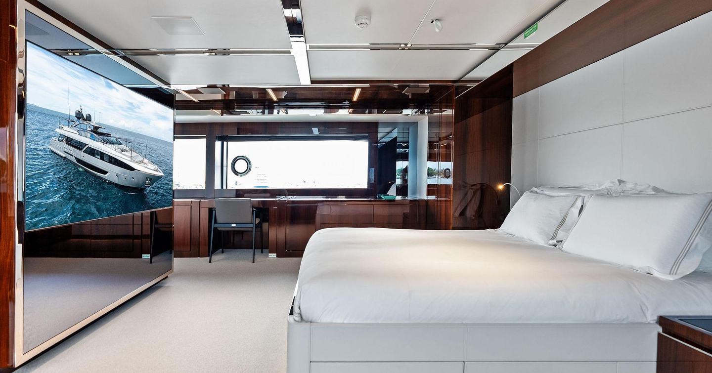 Riva motor yacht Riva Royale master cabin with large window 