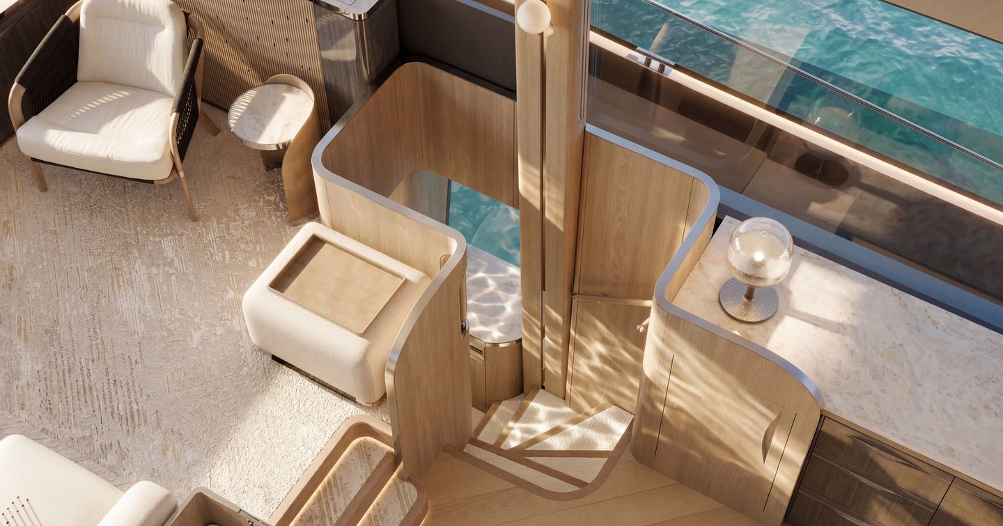 Aerial rendering of Galeon 700 Sky Motor Yacht interior staircase with warm lighting and wooden detailing