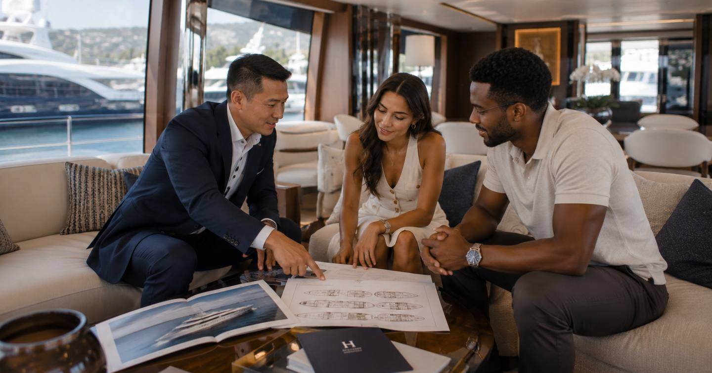 Broker and buyer sat in a yacht saloon looking at paperwork 