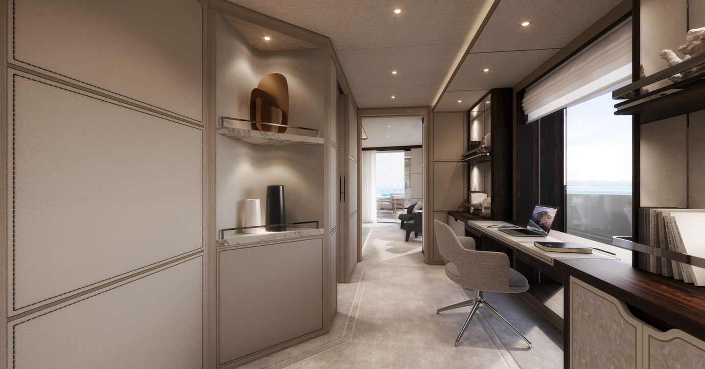 Rendering of Sanlorenzo 58Steel superyacht master cabin office space 