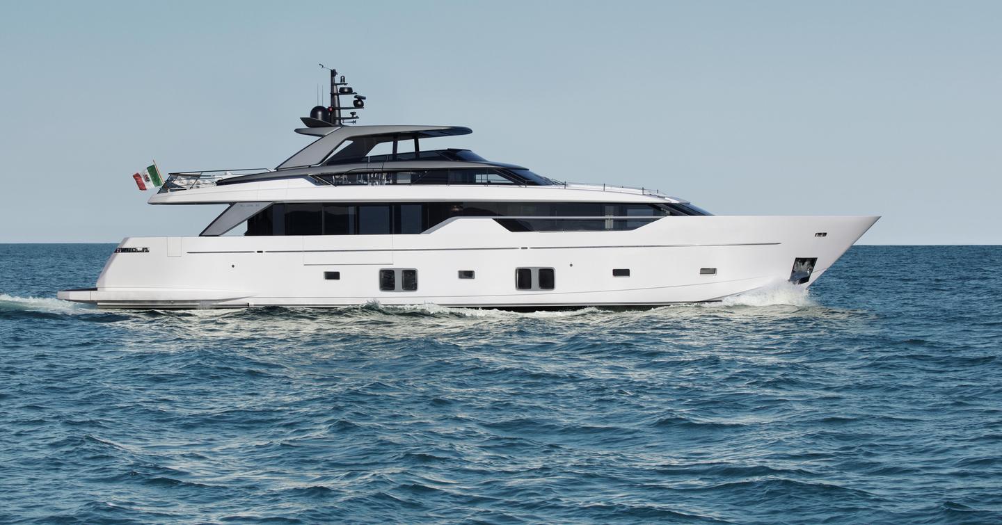 SL102 Asymmetric motor yacht under way 