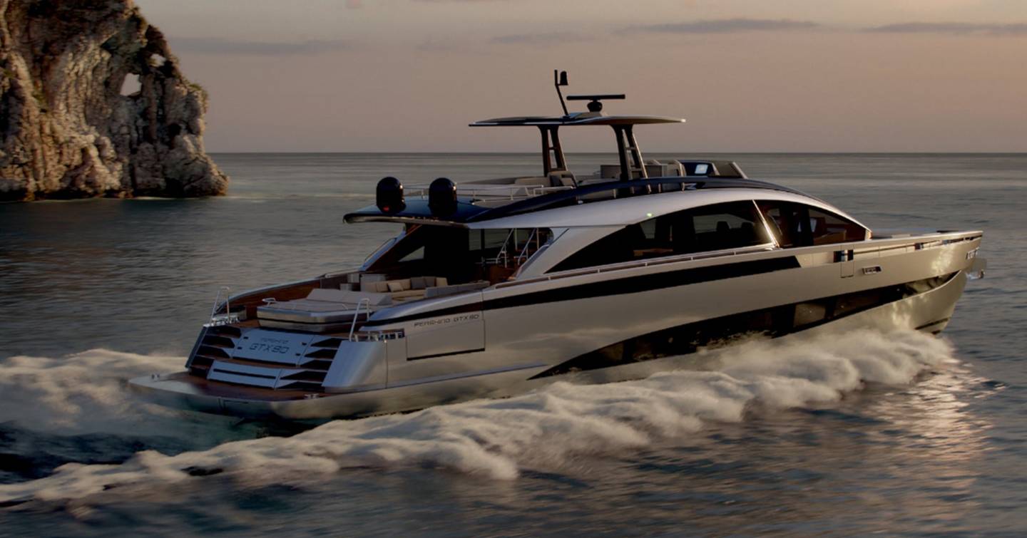 Pershing GTX90 motor yacht underway stern view 