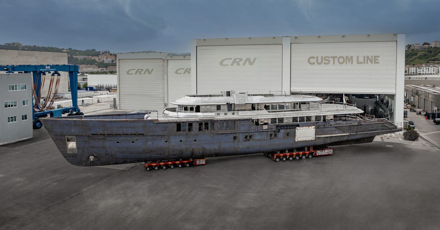 Superyacht Project Thunderball outside shipyard during construction