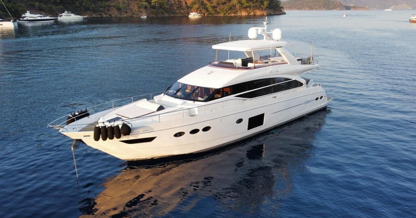 Princess motor yacht Omnia Natura at anchor side view 
