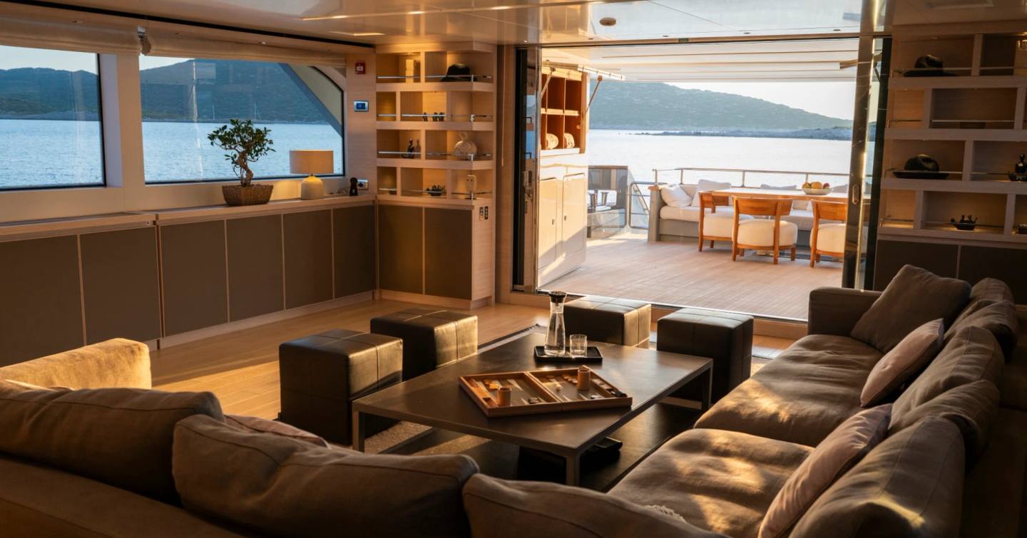 Sanlorenzo motor yacht Naya 7 main saloon and aft deck 