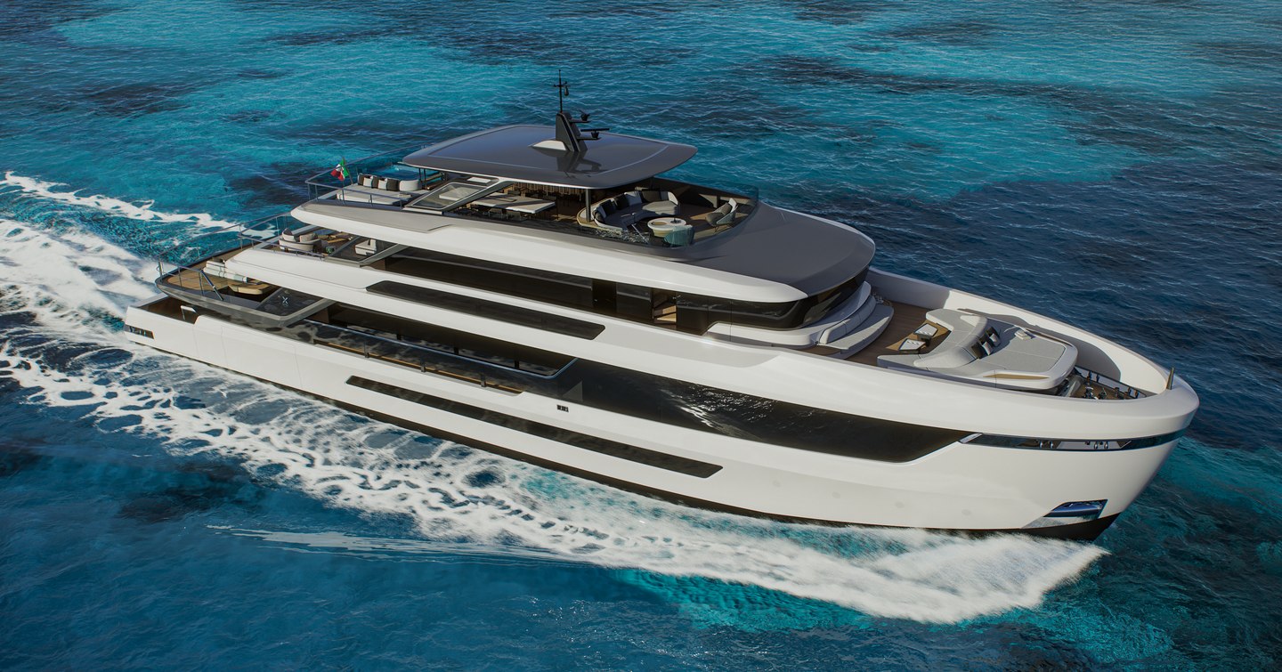 Rendering of Extra Yachts X130 Triplex motor yacht under way 