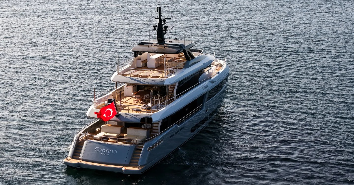 Aerial view of Explorer Yacht Cabana's stern while she is under way