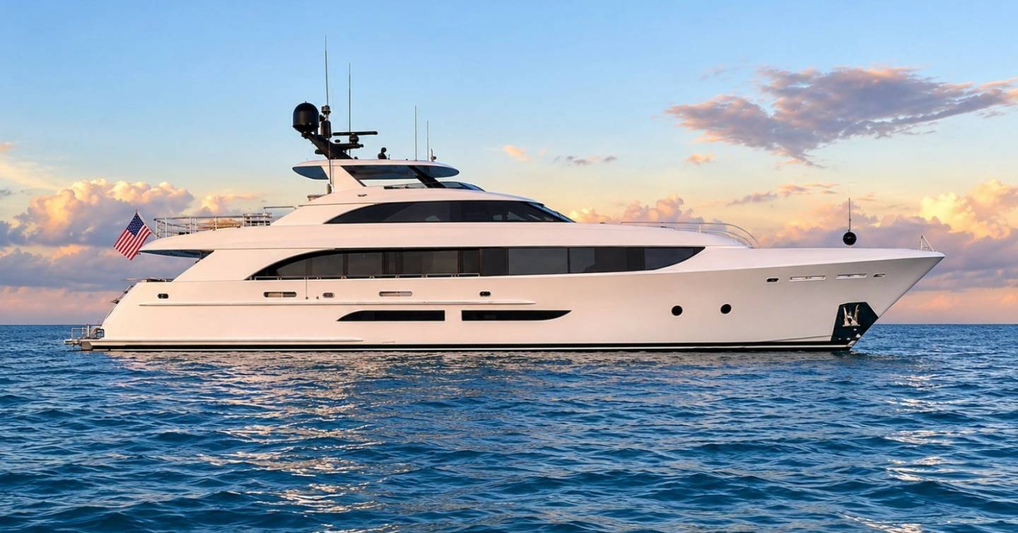Westport yacht Seas the Day at anchor side view 