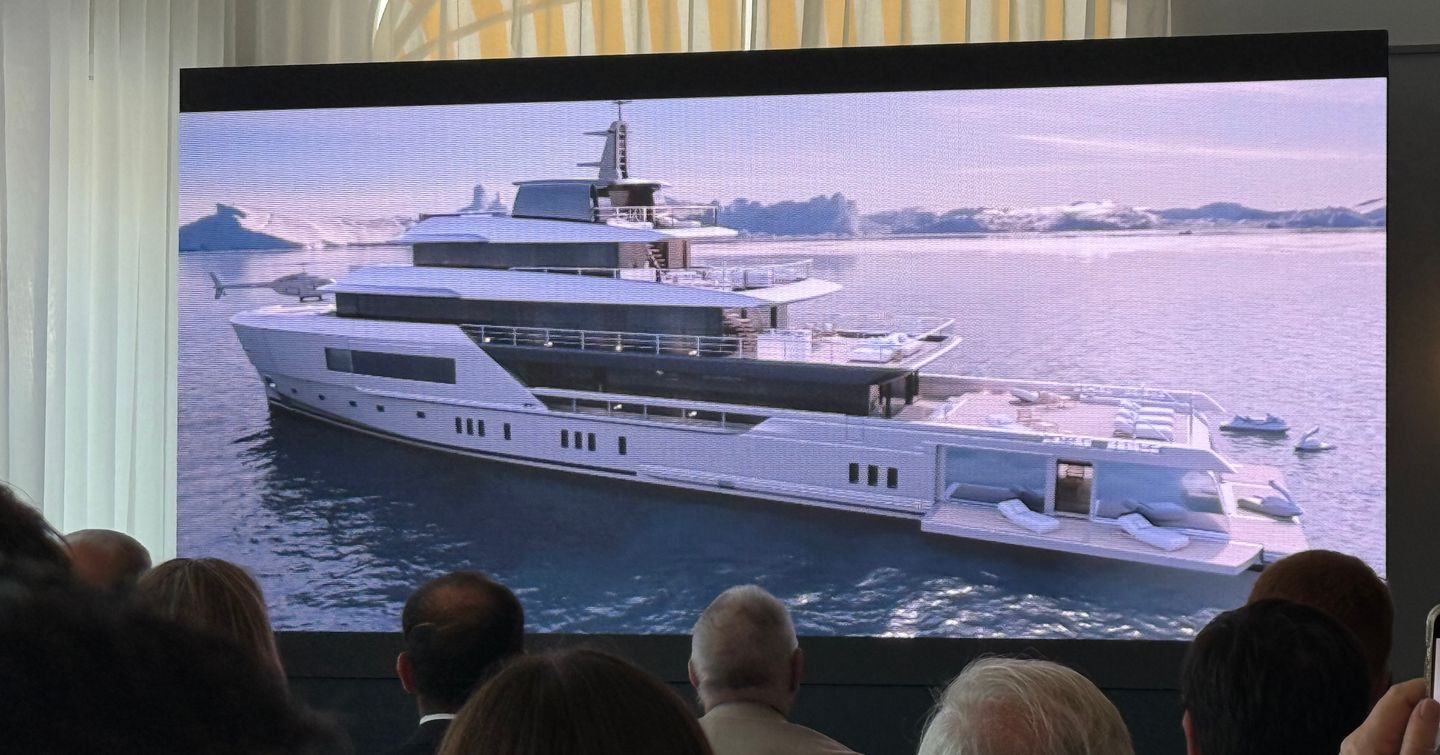 Rendering of Sanlorenzo 1150EXP superyacht at 2025 Cannes press conference