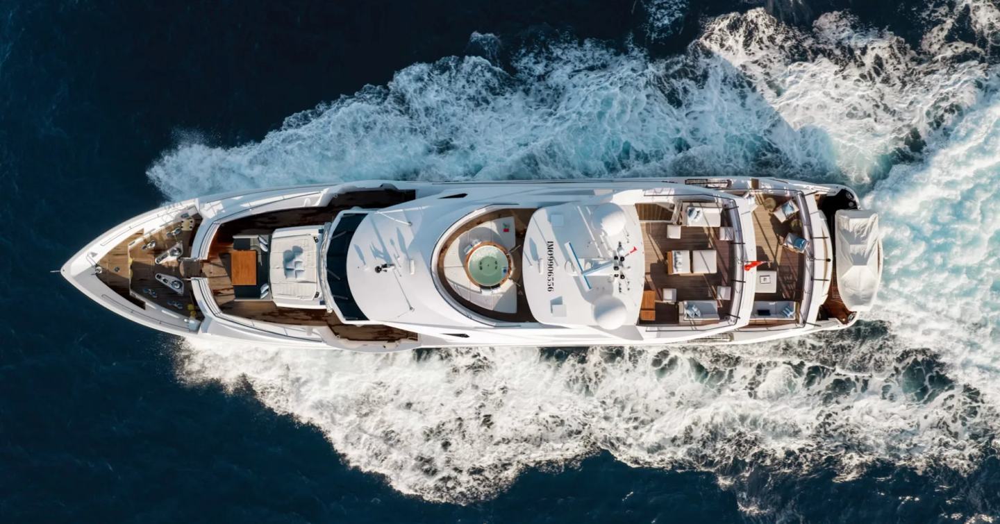 Sunseeker motor yacht Captain Morgan III underway aerial view 