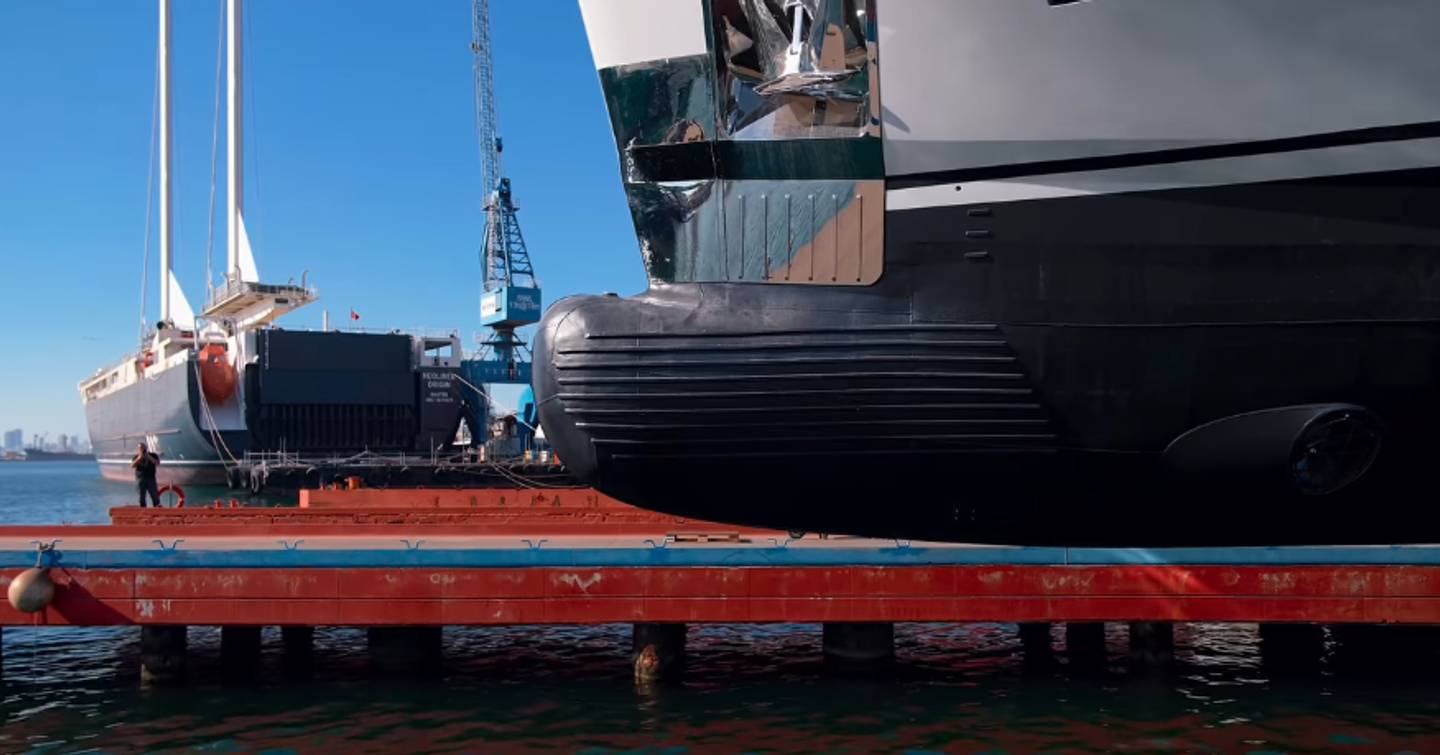 Close up of Explorer Yacht Mitan's stern at launch