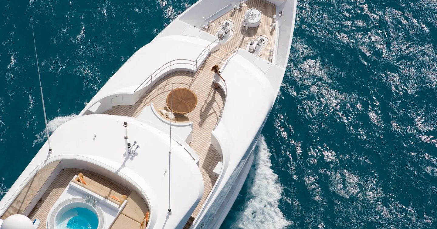 Aerial view of superyacht Perle Bleue foredeck jacuzzi