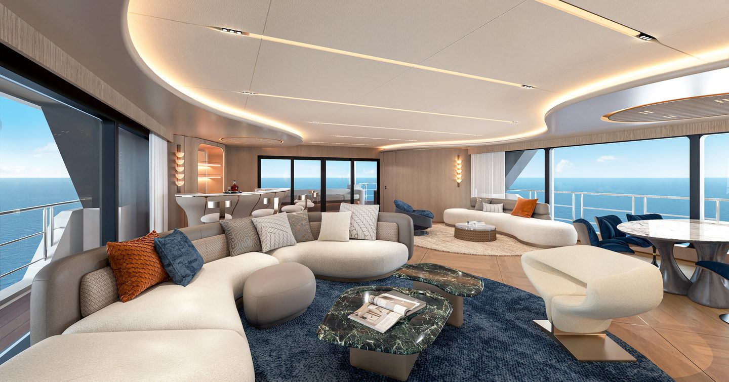 Rendering of CL Yachts CLC115 catamaran main saloon with curved white seating and glass coffee tables