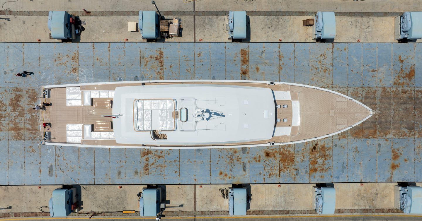Aerial view of Alia Custom Superyacht Genie Blu on way to launch