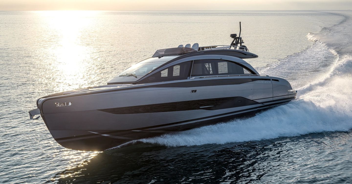 Pershing GTX70 motor yacht underway bow view 