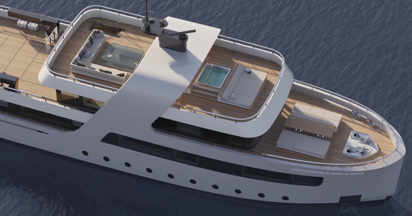 aerial Rendering of Superyacht Sea Rover with multiple pools and sunpads 