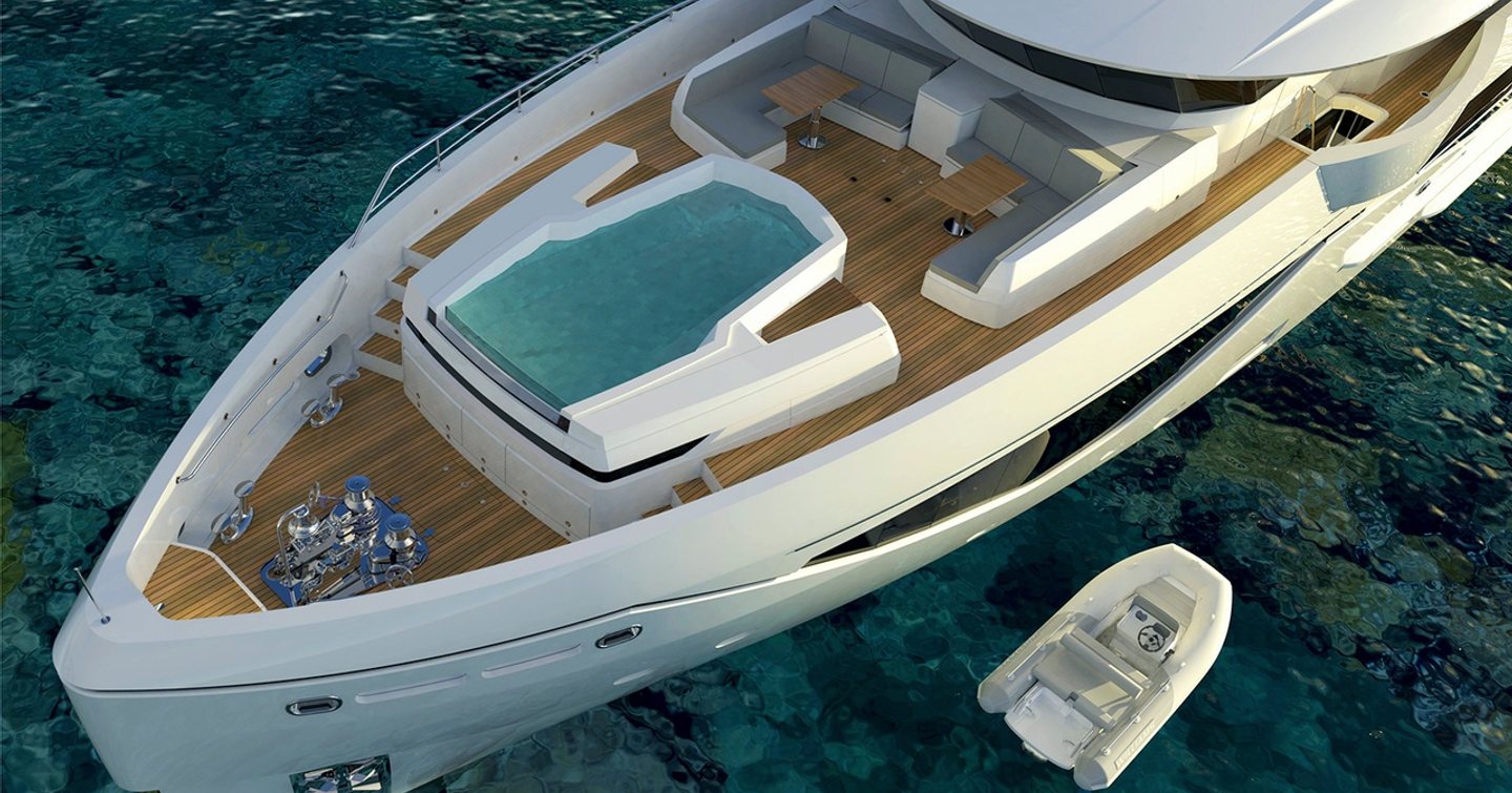 rendering of a pool on the foredeck of the Sunseeker 133 forward of a built-in seating area