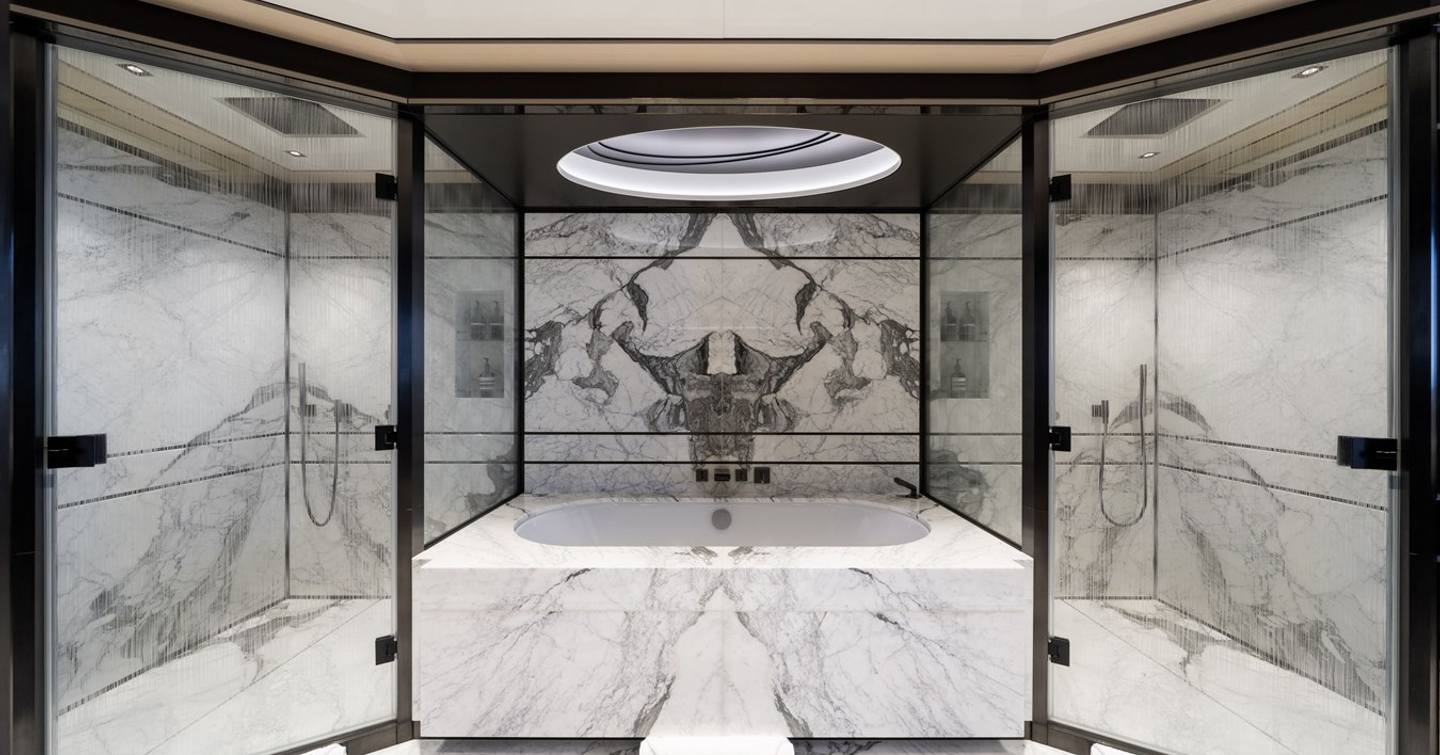 Superyacht Reliance master cabin marbled ensuite with bath tub