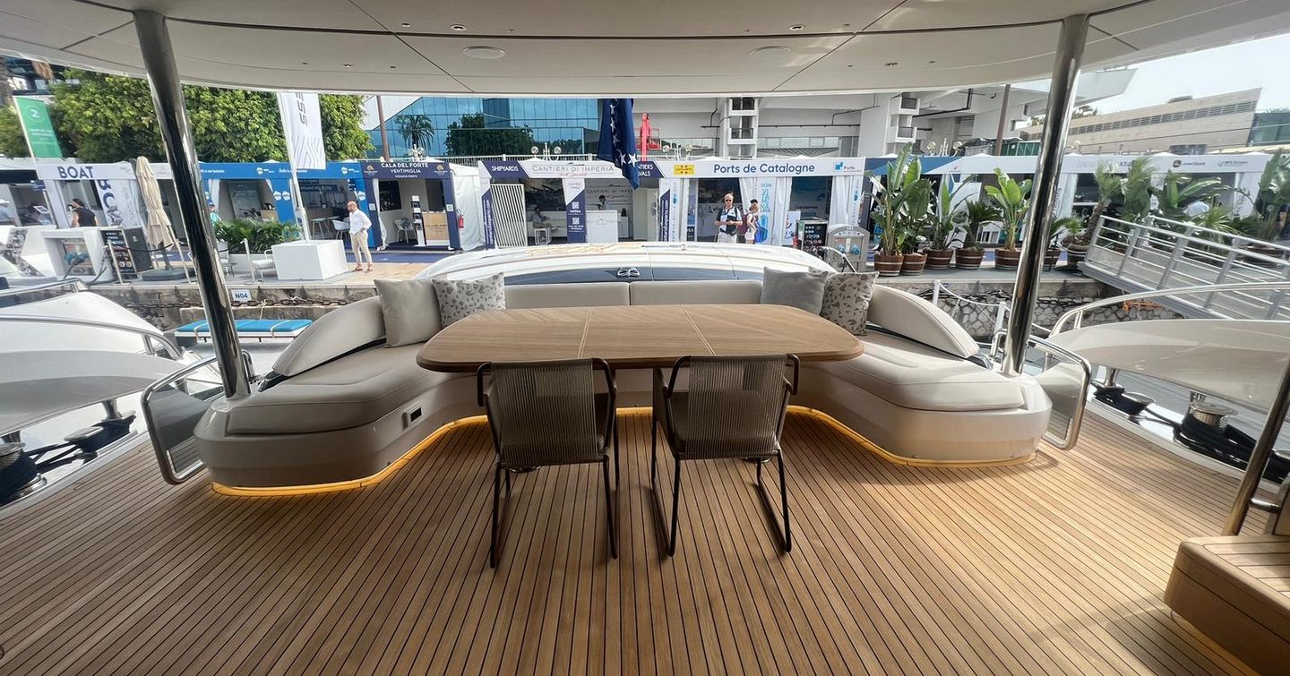 Motor yacht Leilani shaded aft deck seating area 