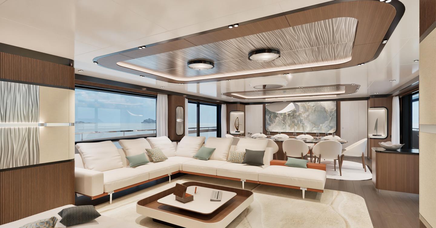 Rendering of GX42 Superyacht main saloon with L-shaped white sofa and warm LEDs