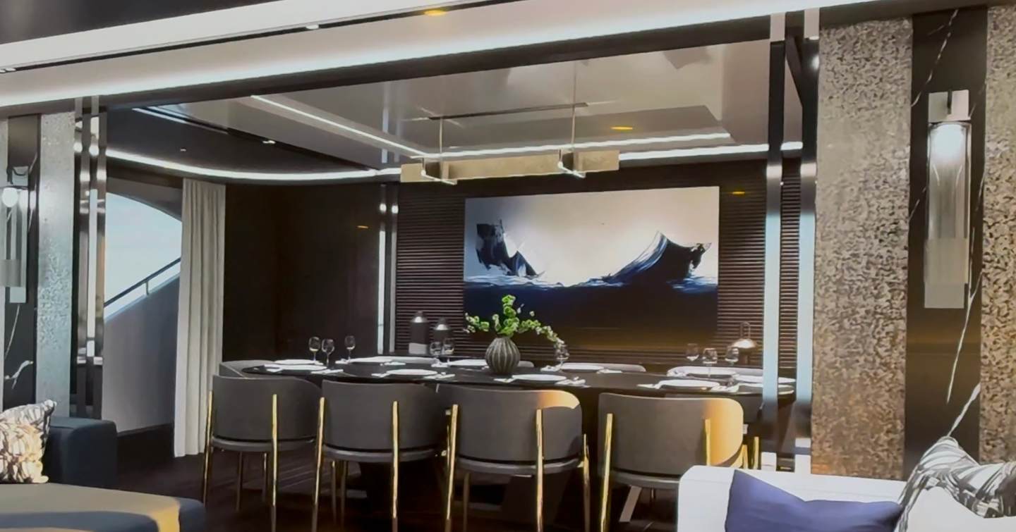 Rendering of new Sunseeker 135 Yacht model's indoor dining area