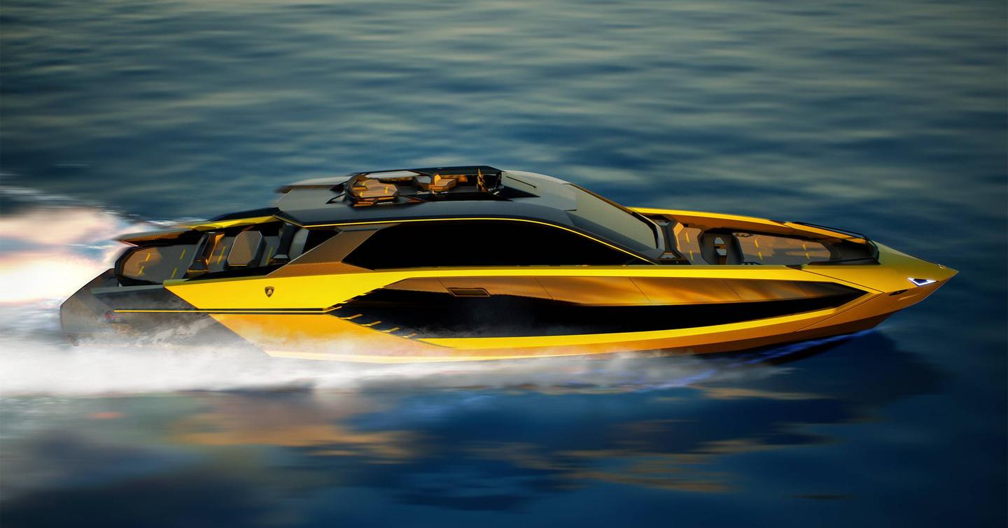 Rendering of Tecnomar for Lamborghini 101 motor yacht under way 