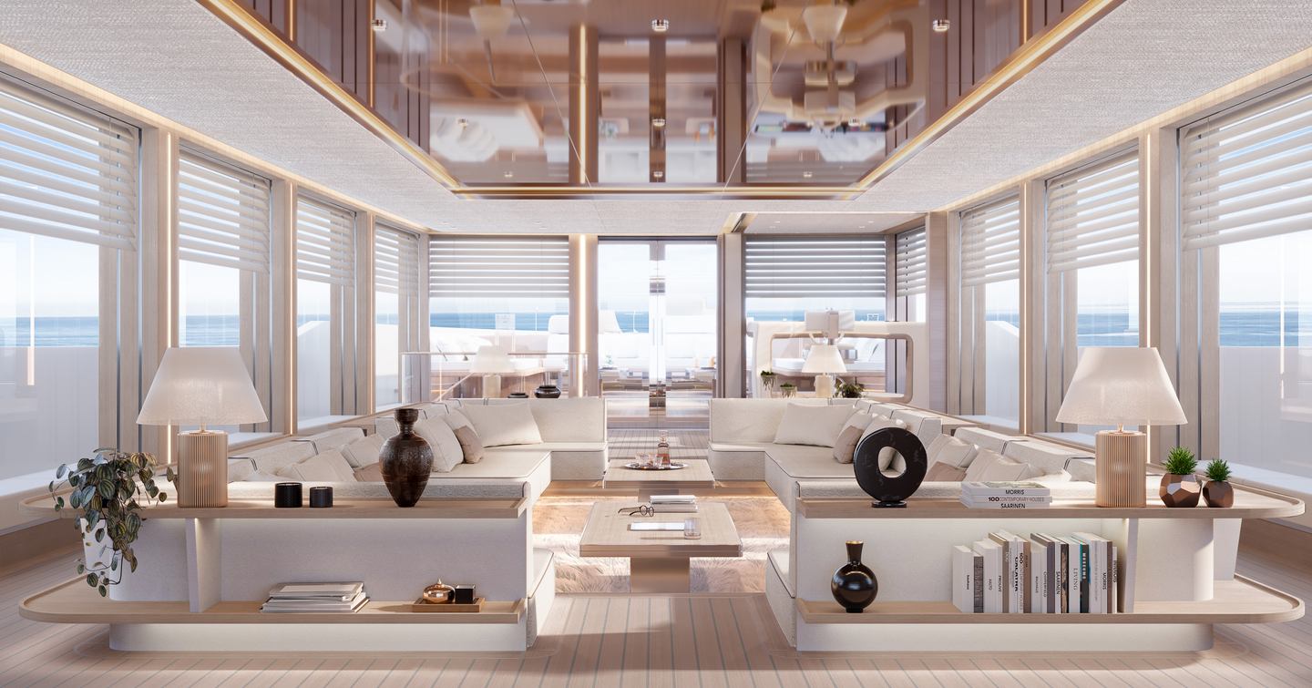 Alia Yacht Genie Blu main saloon with extensive glazing 