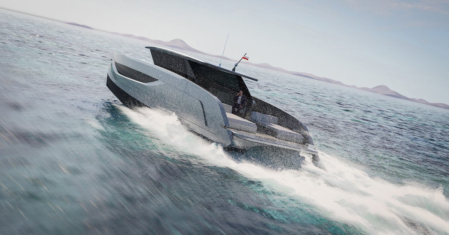 Rendering of Sunreef Ultima 44 under way at speed 