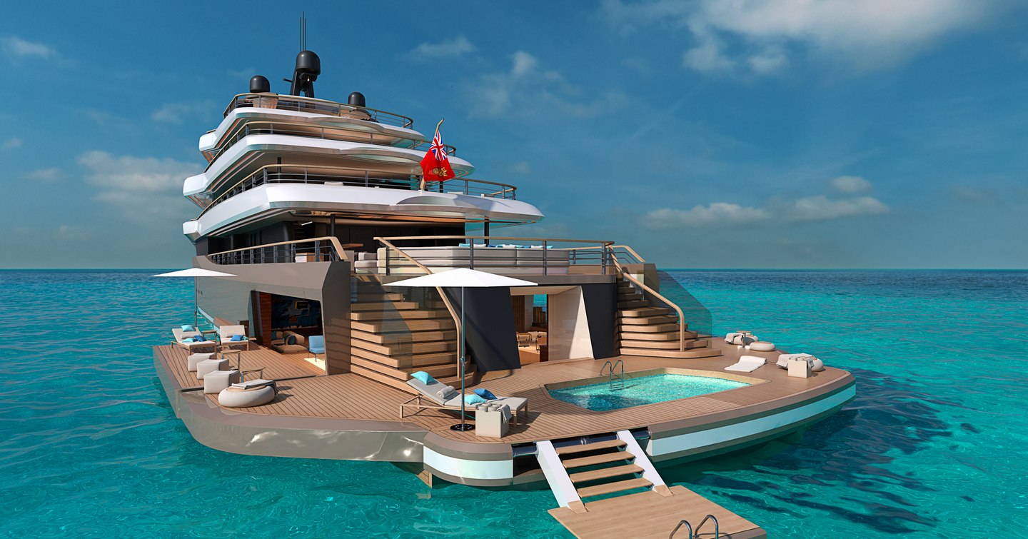 Moonflower 72 superyacht beach club rendering, surrounded by sea.