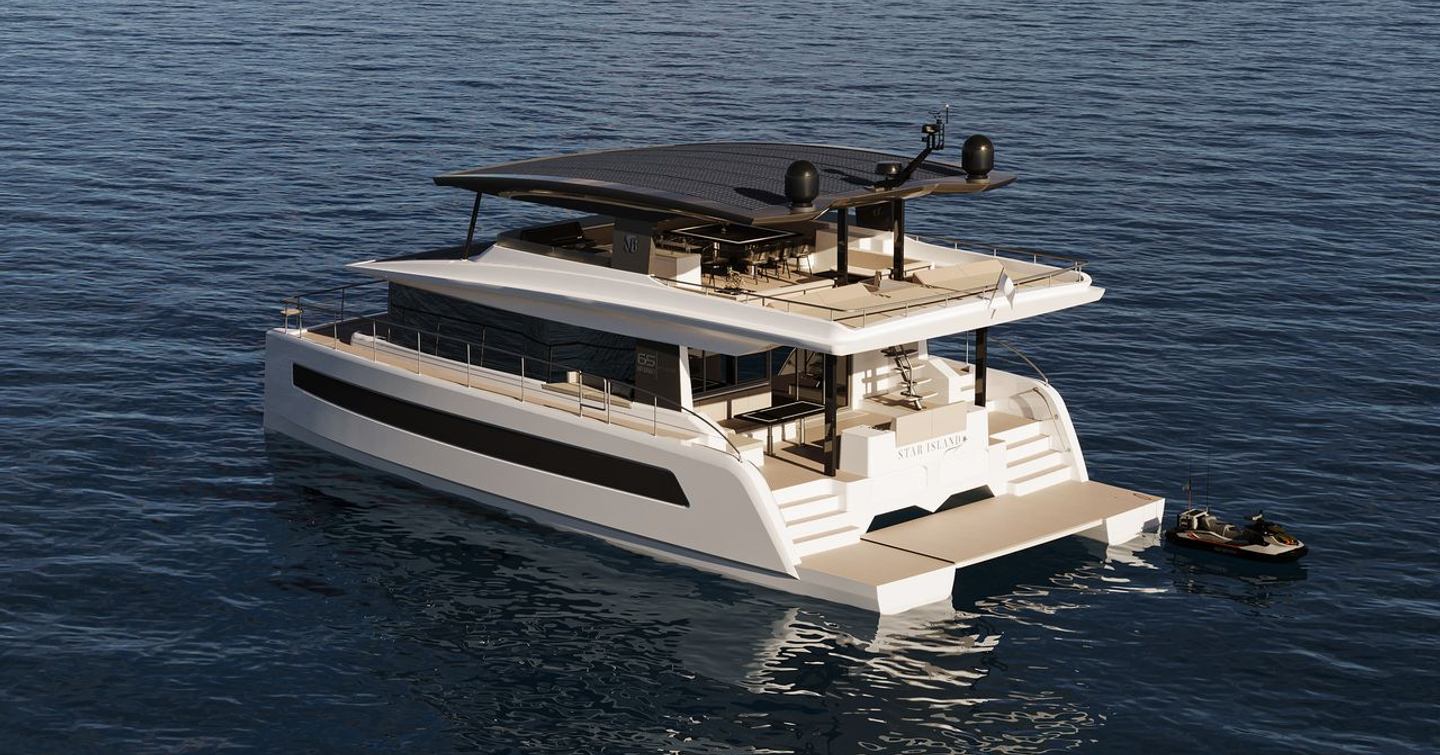 Rendering of VisionF 65 Hybrid Catamaran at anchor 