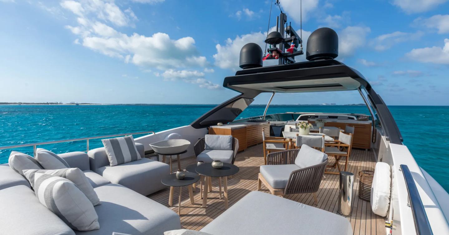 Motor Yacht Ferrol's upper deck with sunpads 