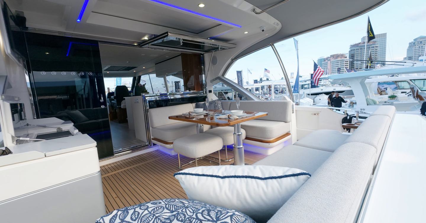 Riviera 5600 Sport Platinum Edition cockpit dining area and aft galley