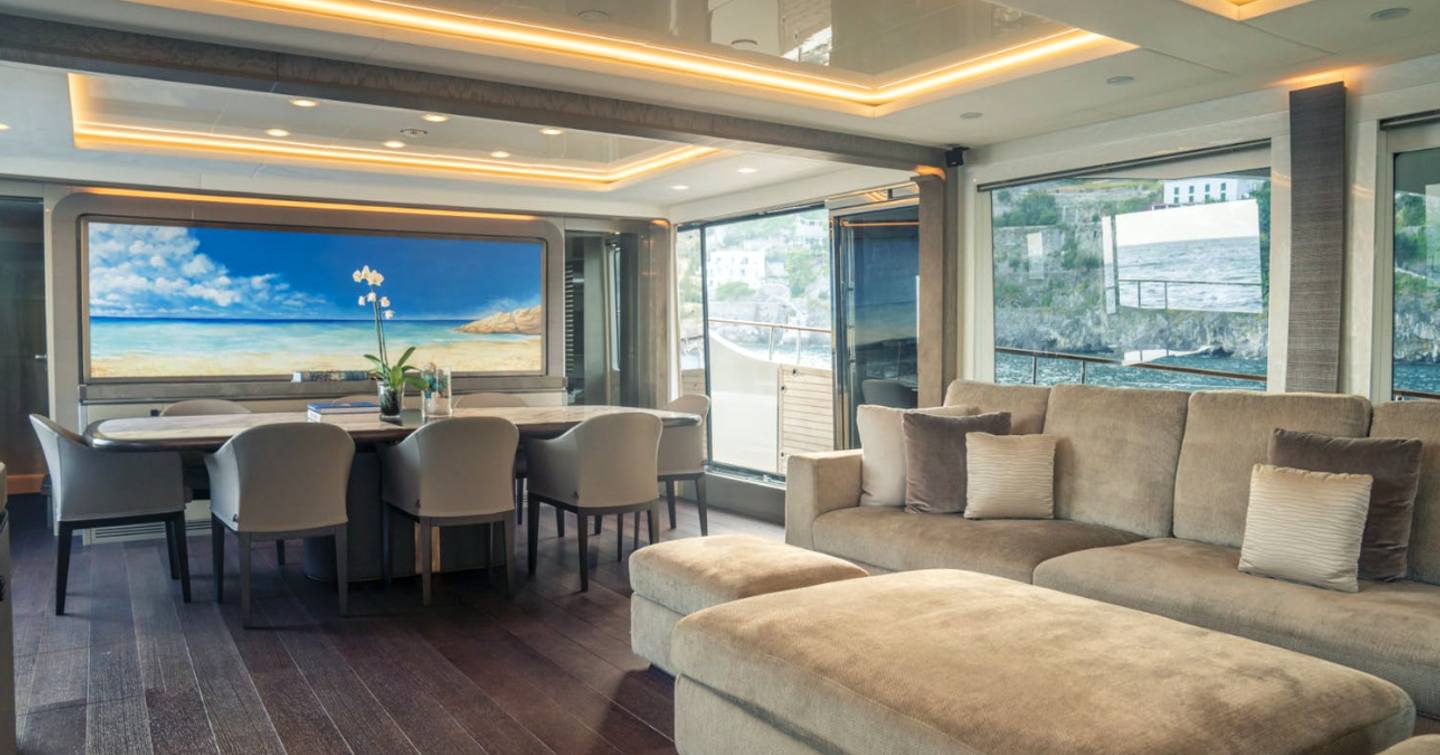 Motor Yacht Vivaldi's interior seating and dining area