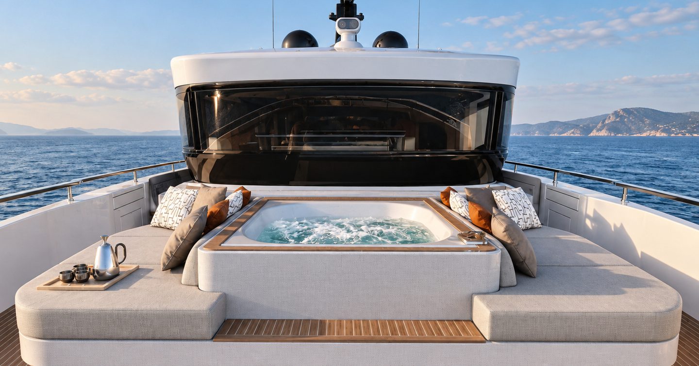 Rendering of Ferretti INFYNITO 100 Superyacht foredeck with jacuzzi and surrounding sunpads 