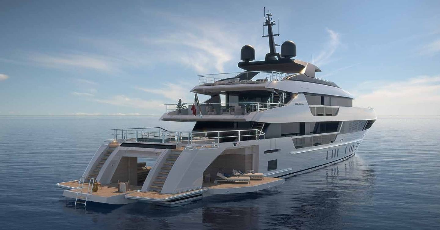Rendering of Sanlorenzo 52 Steel NEO superyacht at anchor 