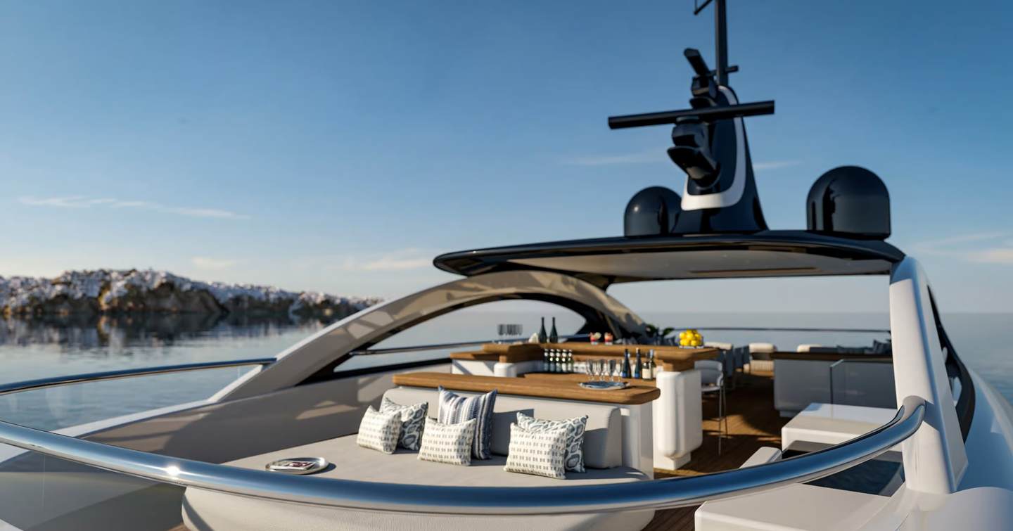 Rendering of Benetti B.Now 52M superyacht sundeck with sunloungers and bar area