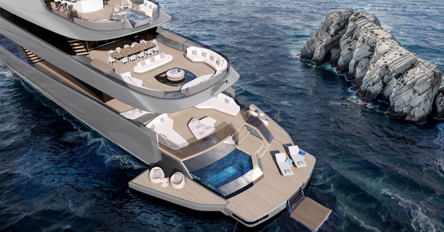 Rendering of RMK Marine LIVIA 50 superyacht aft deck with fold out beach club and infinity pool