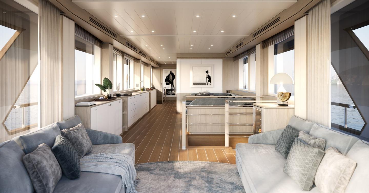 superyacht AF main saloon with grey furnishings 