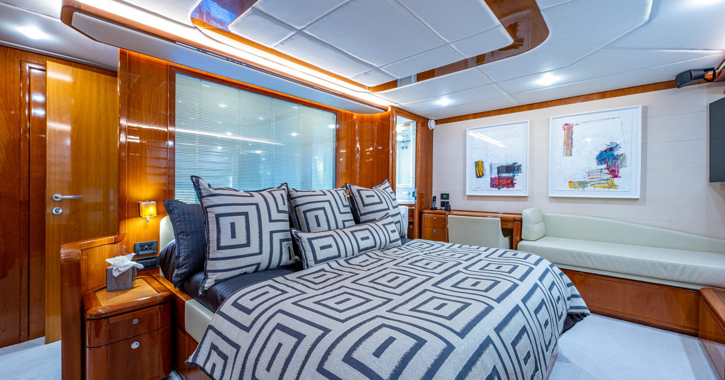 Ferretti motor yacht La Bella Vita master cabin with seating 