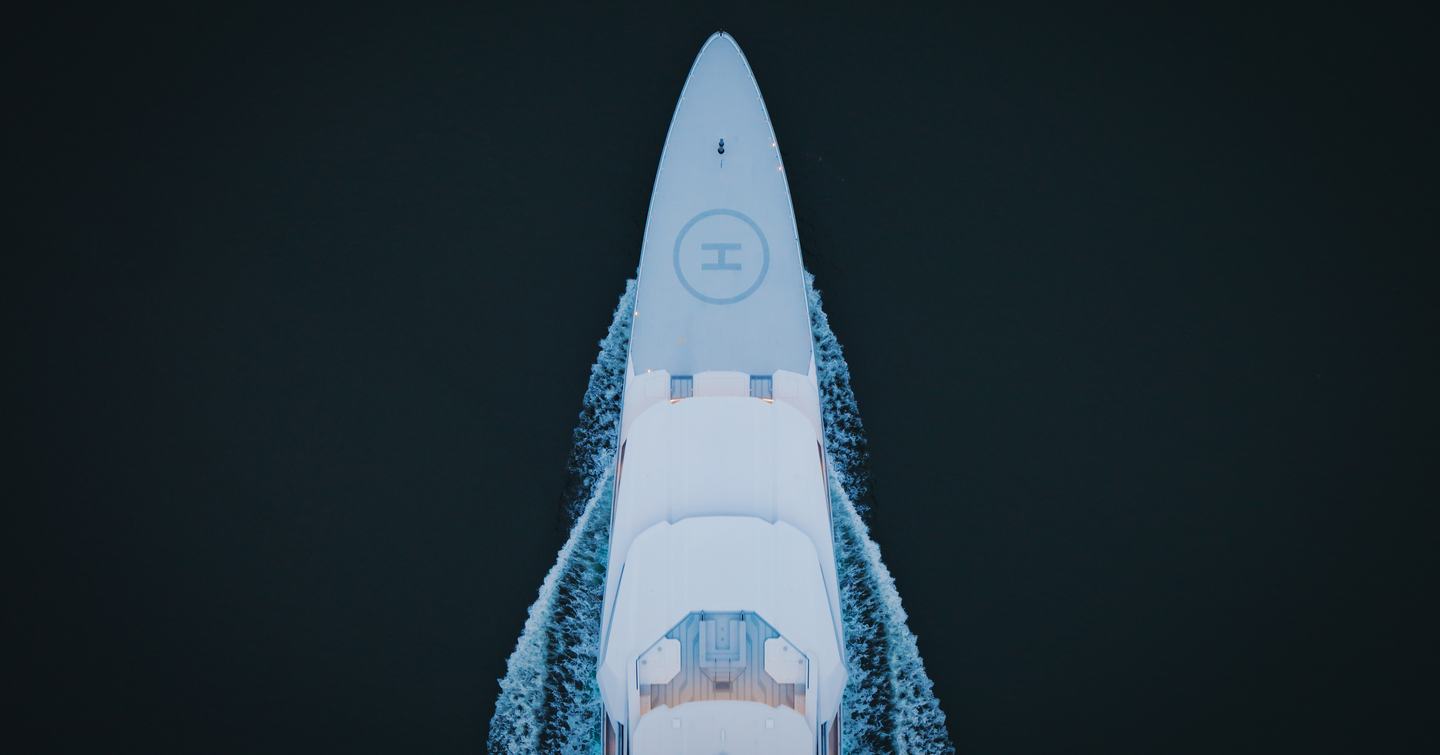 Aerial view of Superyacht Leviathan foredeck under way 