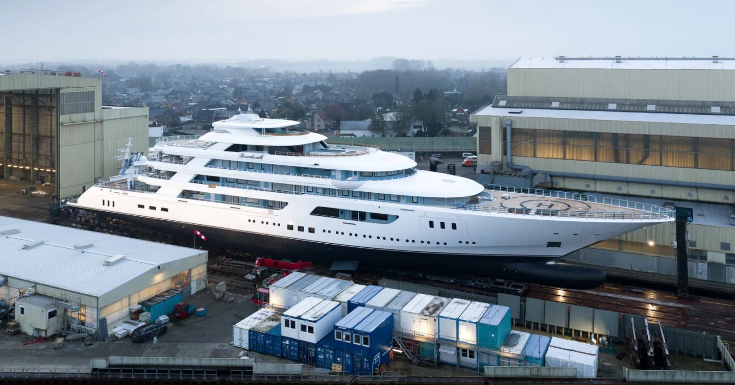 117m Superyacht Boardwalk emerging from her construction shed in Germany