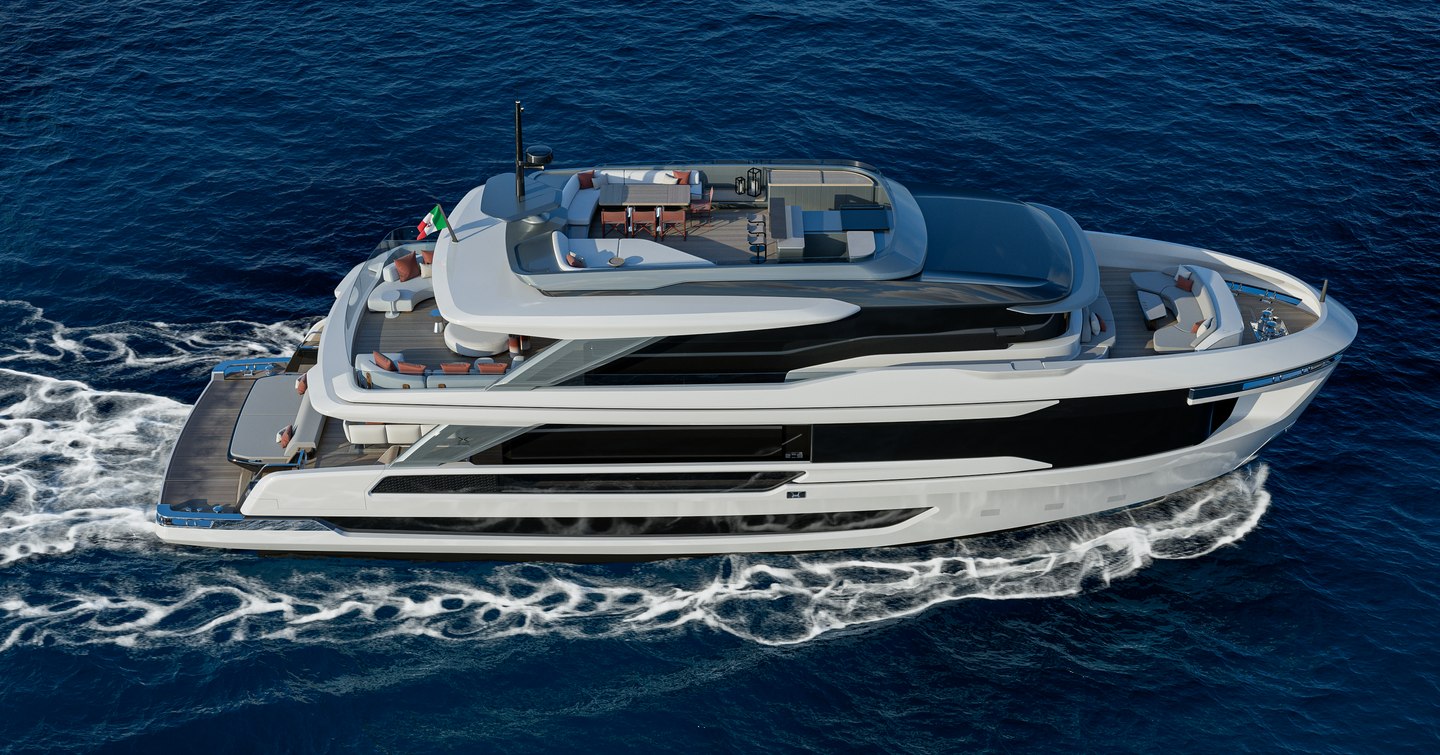 Rendering of Extra Yachts X100 Triplex motor yacht under way 