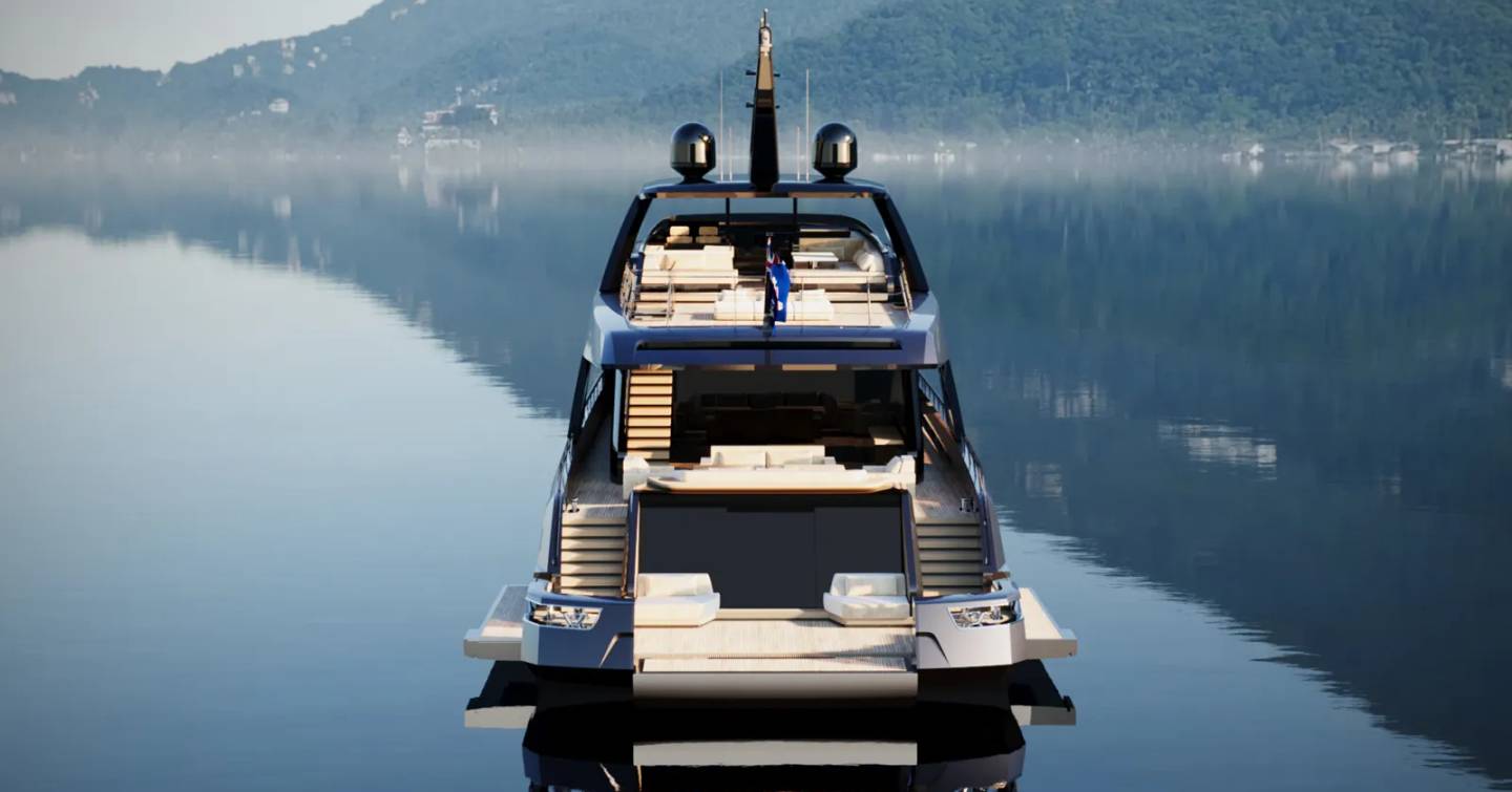 Close up of Rendering of Superyacht Project Zen stern with fold out balcony