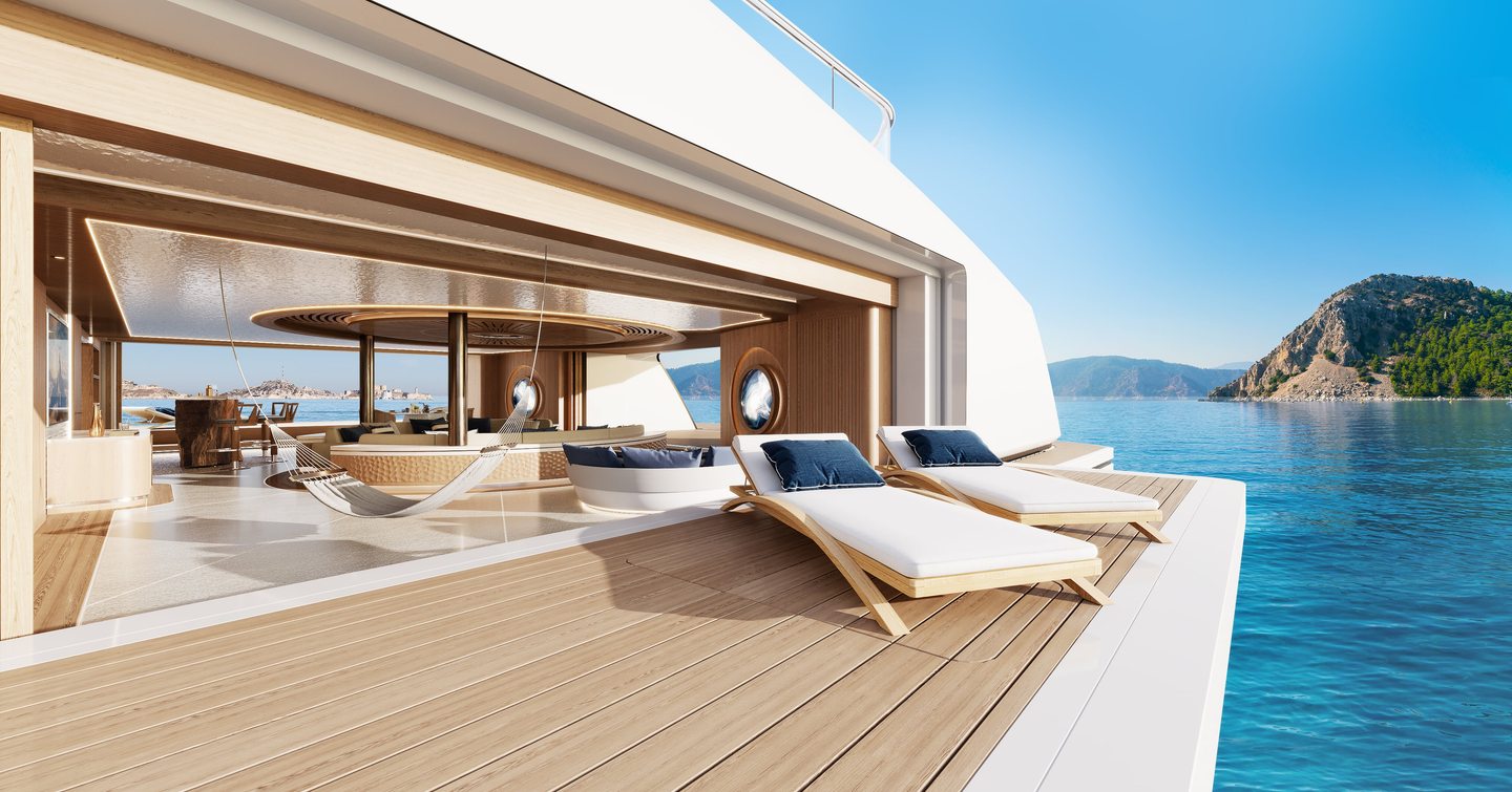 Fold-down balconies enhance the amount of space onboard, and also enable easy access to the sea