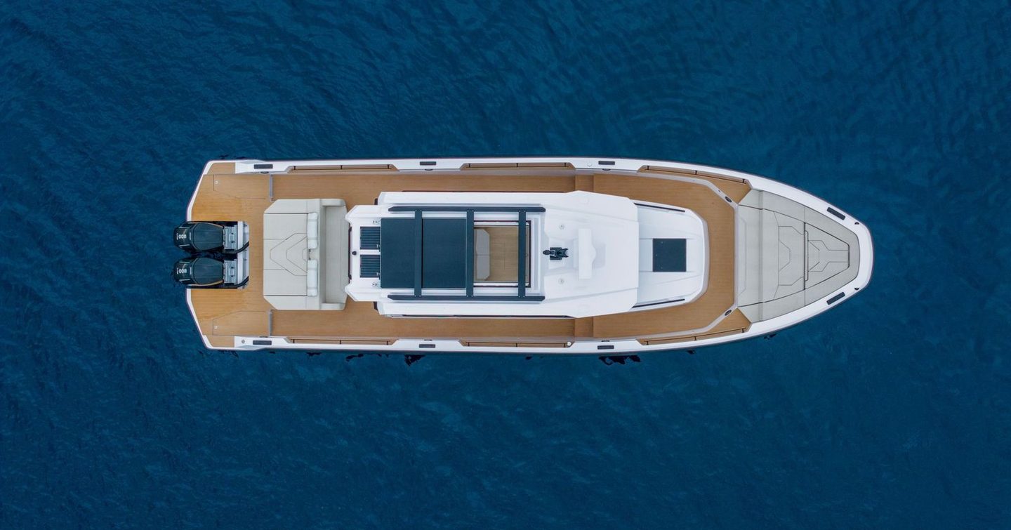 Aerial shot of Technohull XPD 46 boat at anchor