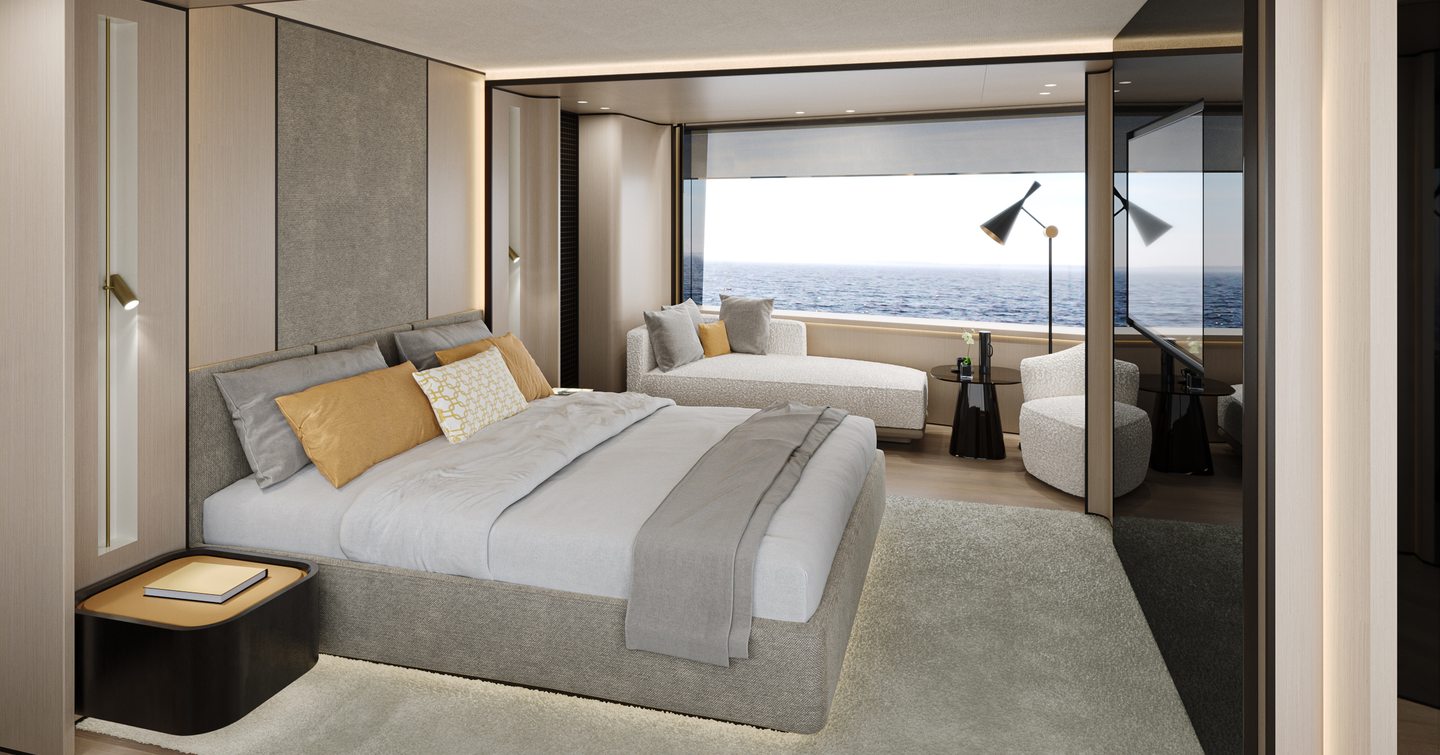 Rendering of Extra Yachts X100 Triplex motor yacht master cabin 
