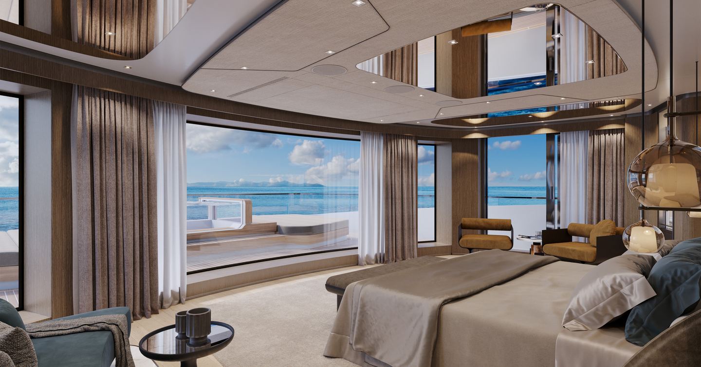 Rendering of Sanlorenzo 74Steel Superyacht master cabin with panoramic windows 
