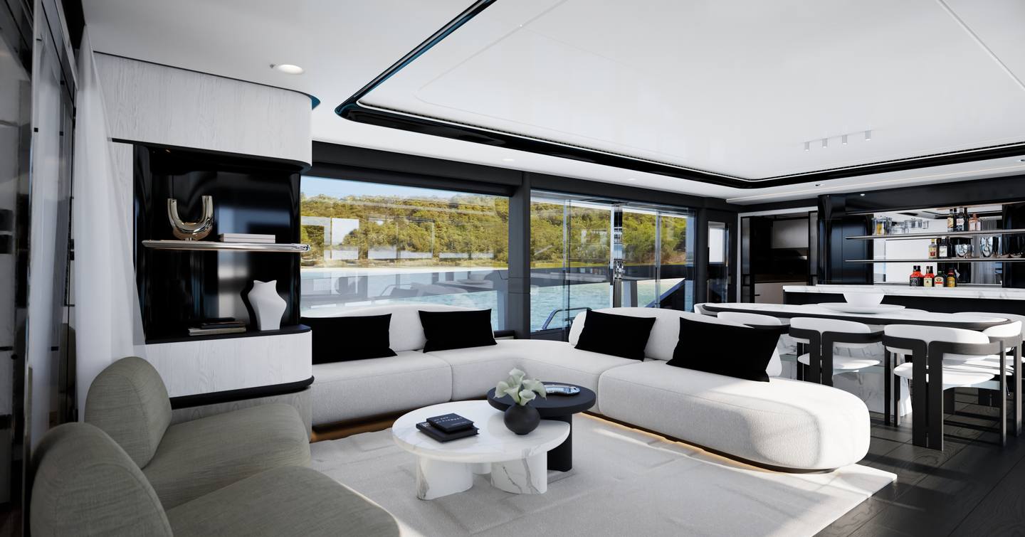 Rendering of Pearl 100 Hybrid Motor Yacht main salon with L-shaped sofa 